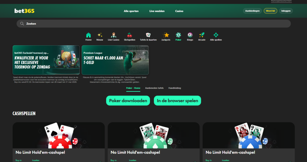bet365 – Online poker aanbieder met exclusieve toernooien en prijzenpotten tot €100.000